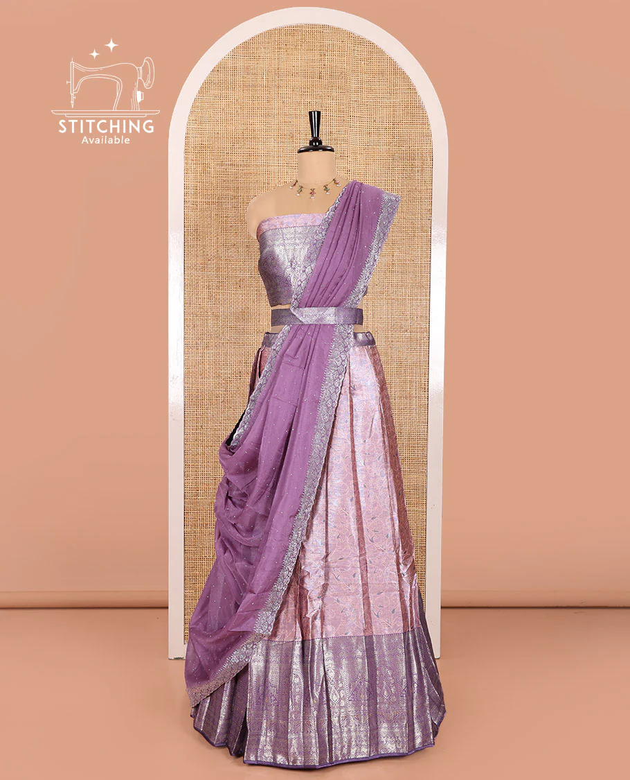 Pink Banarasi Half-Saree Featuring Jacquard Design Skirt, Complemented by Contrast-Rich Zari-Woven Intricate Border, Paired with a Matching Blouse, Contrast Velvet Organza Stone Work Dhavani, and Brocade Belt - Image 3