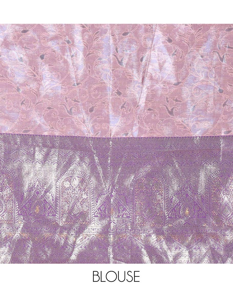Pink Banarasi Half-Saree Featuring Jacquard Design Skirt, Complemented by Contrast-Rich Zari-Woven Intricate Border, Paired with a Matching Blouse, Contrast Velvet Organza Stone Work Dhavani, and Brocade Belt - Image 4