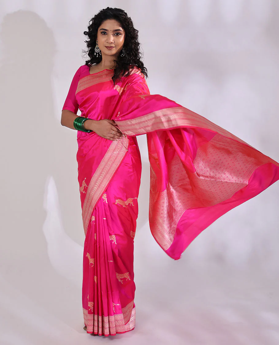 Pink Banarasi Silk Saree Accentuated with Zebra Motifs All Over Its Body, a Subtle Border of Traditional Designs, Pallu Decked Up with Floral and Diamond Designs, and Paired with a Matching Blouse - Image 4