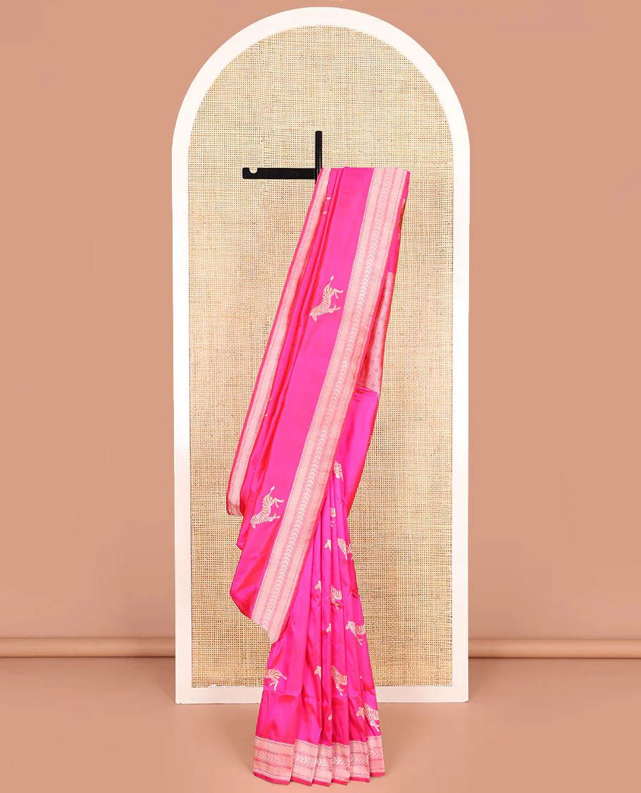 Pink Banarasi Silk Saree Accentuated with Zebra Motifs All Over Its Body, a Subtle Border of Traditional Designs, Pallu Decked Up with Floral and Diamond Designs, and Paired with a Matching Blouse - Image 5