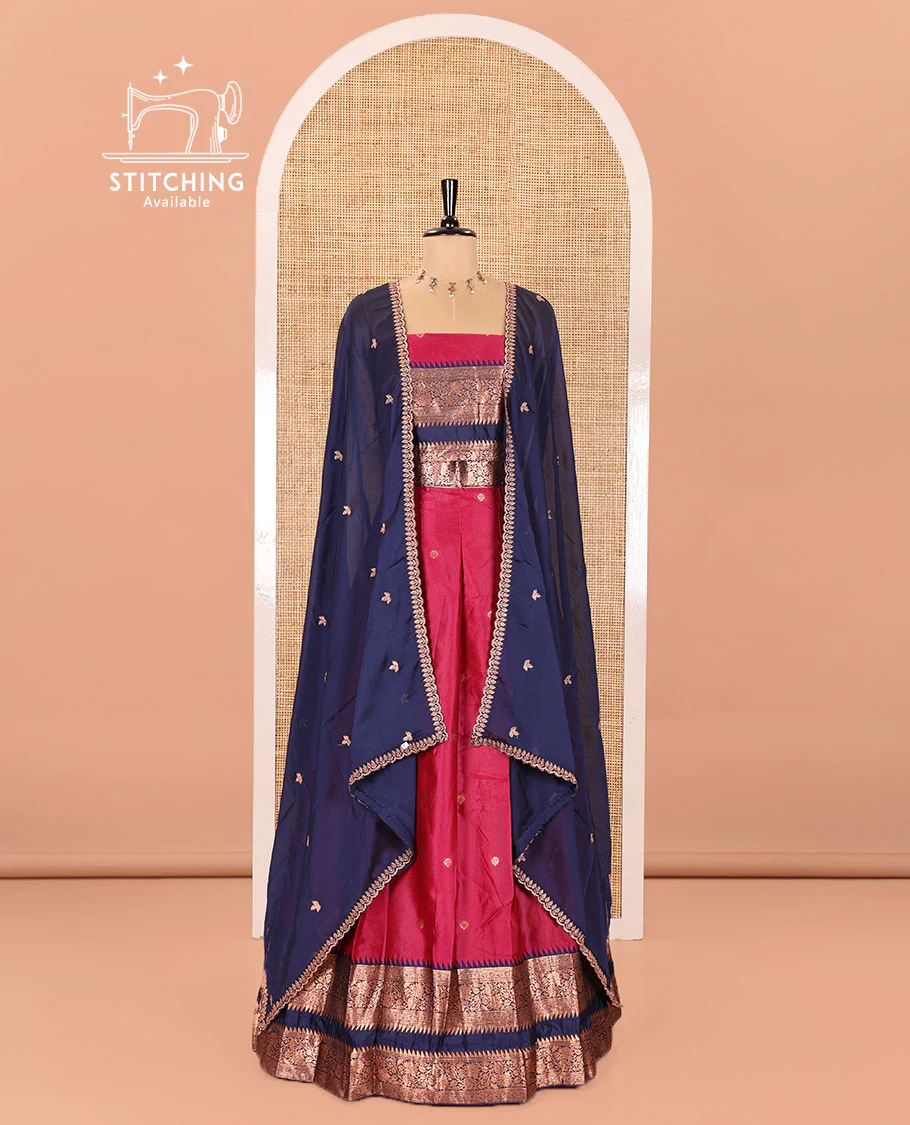 Pink-Blue Semi-Banarasi Half-Saree Subtly Sparkled with Zari Buttas on Its Skirt, Complemented by a Contrast Traditional Zari Temple Rettai Pettu Border, Paired with a Matching Blouse, and a Satin Georgette Embroidered Scallop Dhavani - Image 2