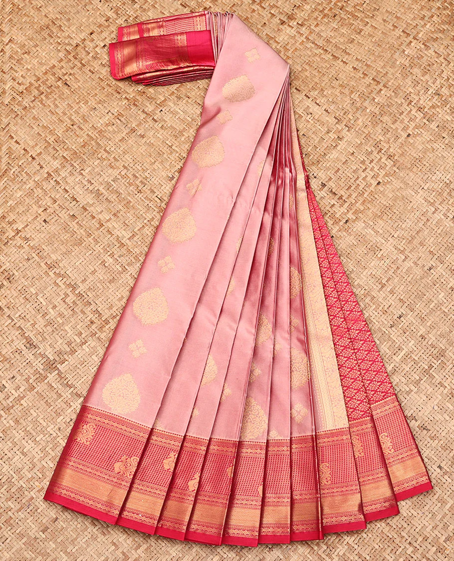 Pink Budget Silk Saree, Accentuated with Zari Buttas All Over Its Body, Complemented by a Contrast Traditional Zari Border, Grand Jaal Pallu, and Paired with a Contrast Blouse - Image 2
