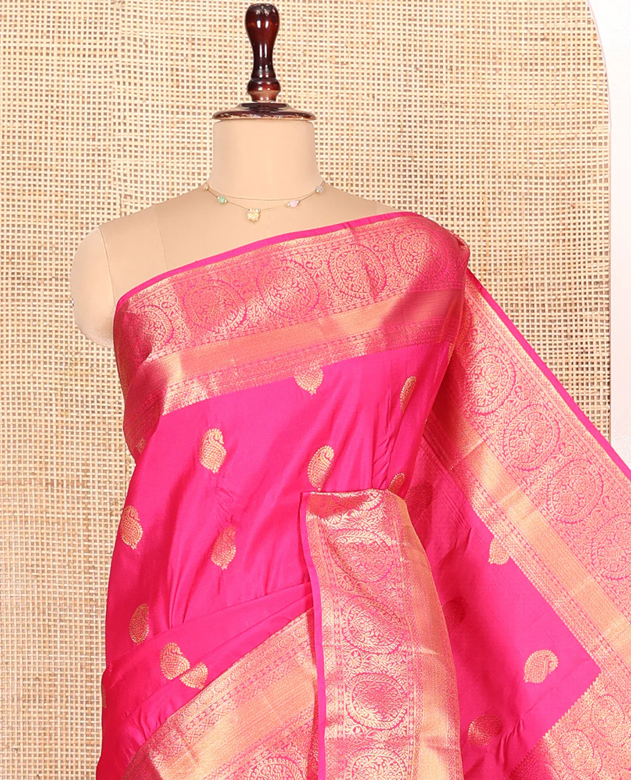Pink Budget Silk Saree Bedecked with Paisley Buttas All Over Its Body, Highlighted by a Traditional Zari Design Border, Grand Pallu of Jaal Designs, and Paired with a Matching Blouse - Image 10