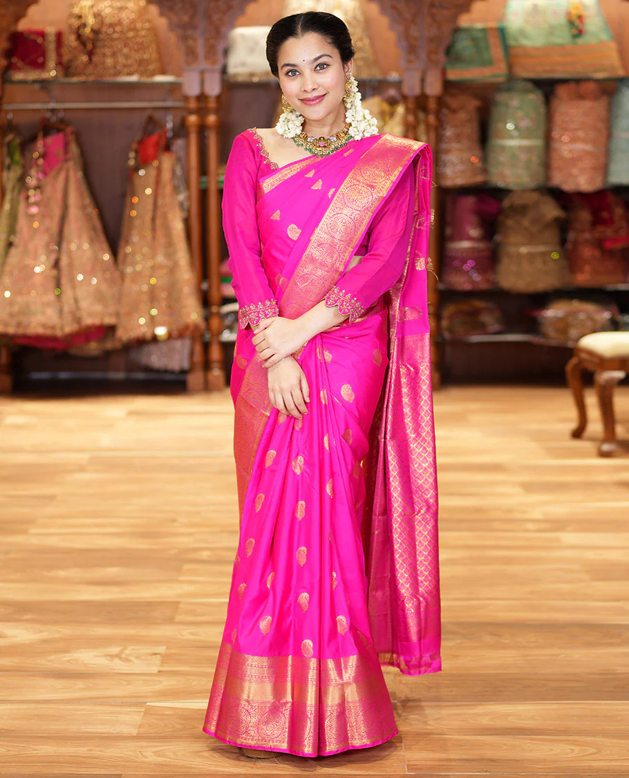 Pink Budget Silk Saree Bedecked with Paisley Buttas All Over Its Body, Highlighted by a Traditional Zari Design Border, Grand Pallu of Jaal Designs, and Paired with a Matching Blouse - Image 5