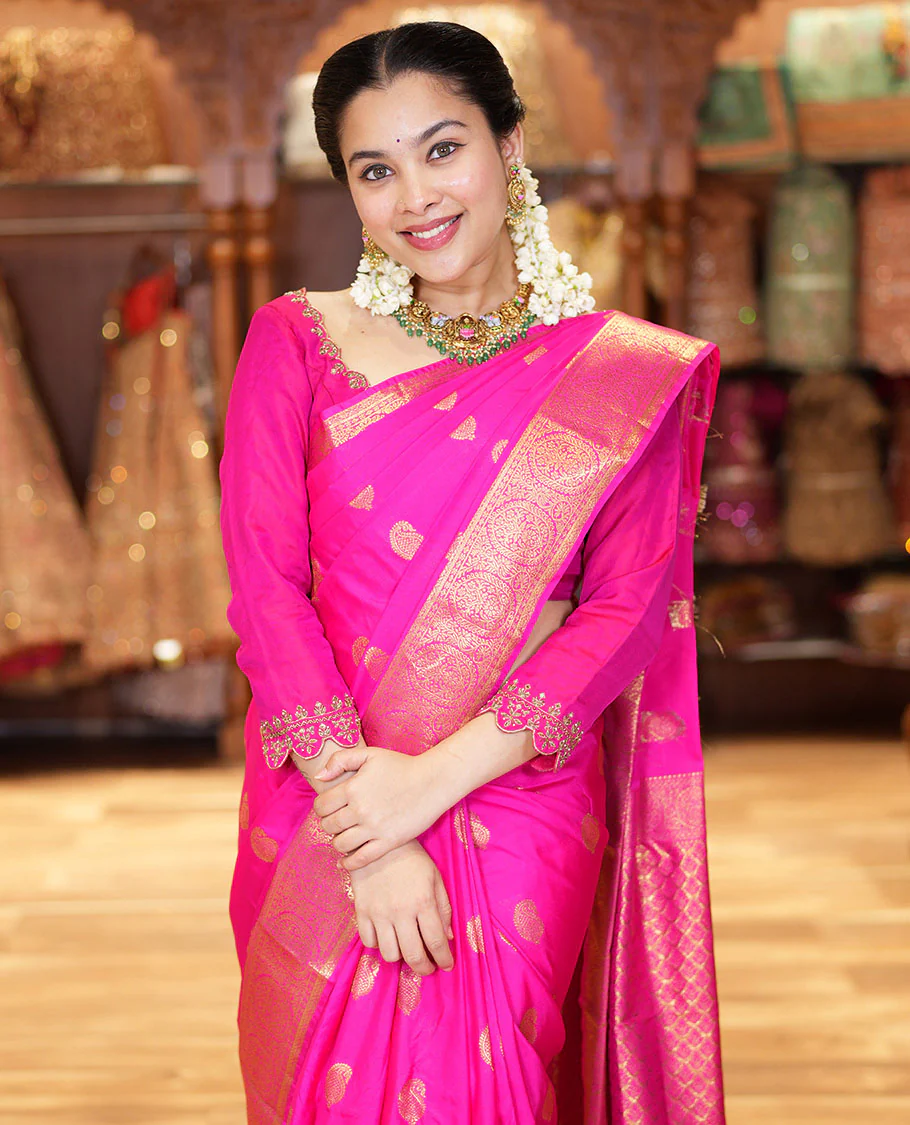 Pink Budget Silk Saree Bedecked with Paisley Buttas All Over Its Body, Highlighted by a Traditional Zari Design Border, Grand Pallu of Jaal Designs, and Paired with a Matching Blouse - Image 6