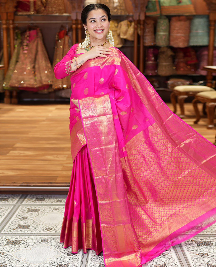 Pink Budget Silk Saree Bedecked with Paisley Buttas All Over Its Body, Highlighted by a Traditional Zari Design Border, Grand Pallu of Jaal Designs, and Paired with a Matching Blouse - Image 7