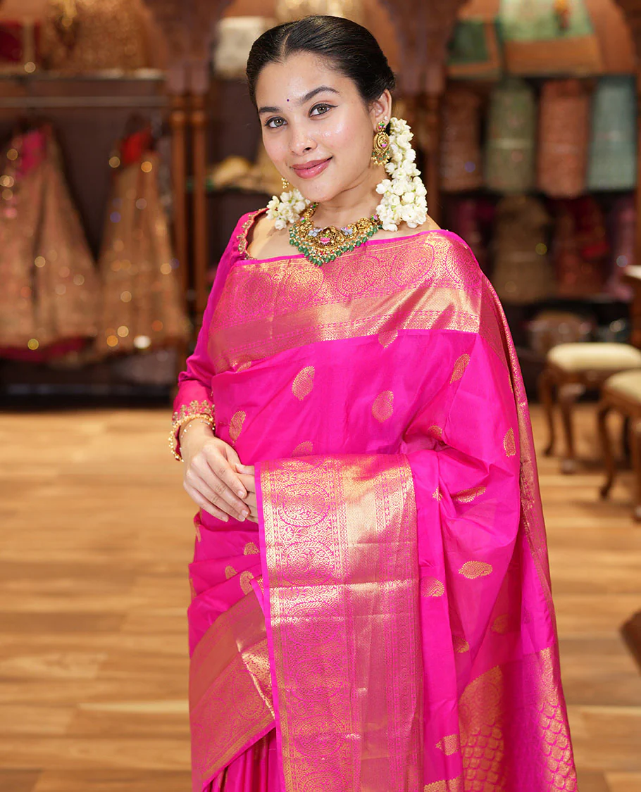 Pink Budget Silk Saree Bedecked with Paisley Buttas All Over Its Body, Highlighted by a Traditional Zari Design Border, Grand Pallu of Jaal Designs, and Paired with a Matching Blouse - Image 8