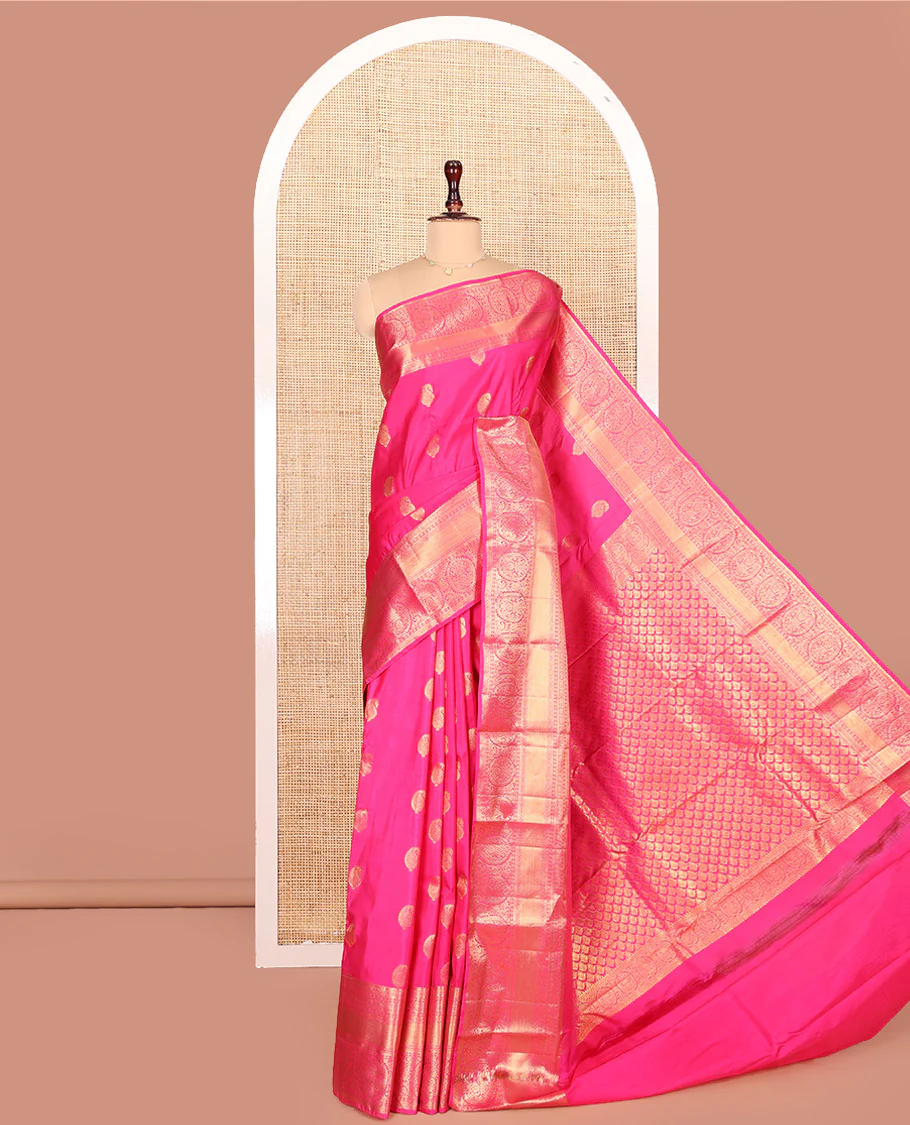 Pink Budget Silk Saree Bedecked with Paisley Buttas All Over Its Body, Highlighted by a Traditional Zari Design Border, Grand Pallu of Jaal Designs, and Paired with a Matching Blouse - Image 9