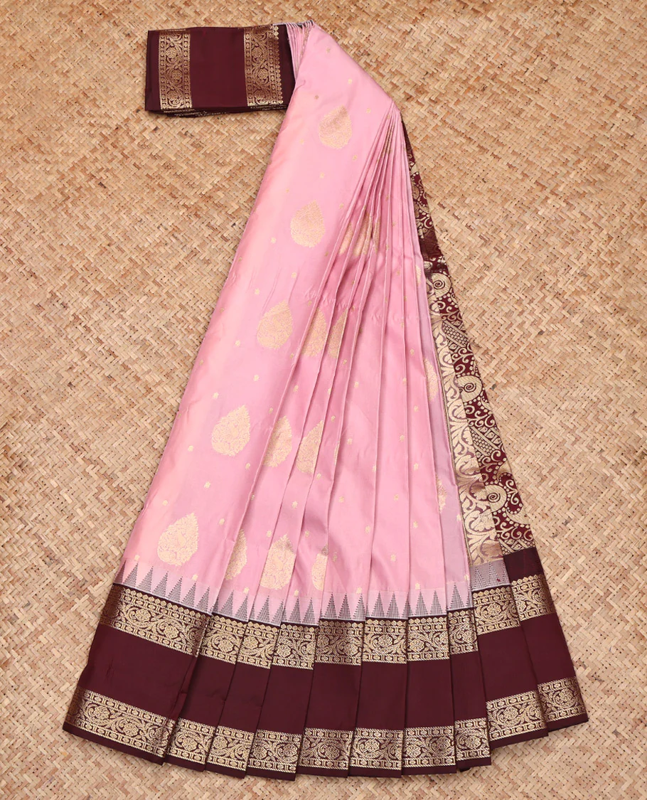 Pink Budget Silk Saree, Bedecked with Zari Buttas, Complemented by a Contrast Traditional Zari Design Rettai Pettu Temple Border, Grand Pallu, and a Contrast Blouse - Image 2