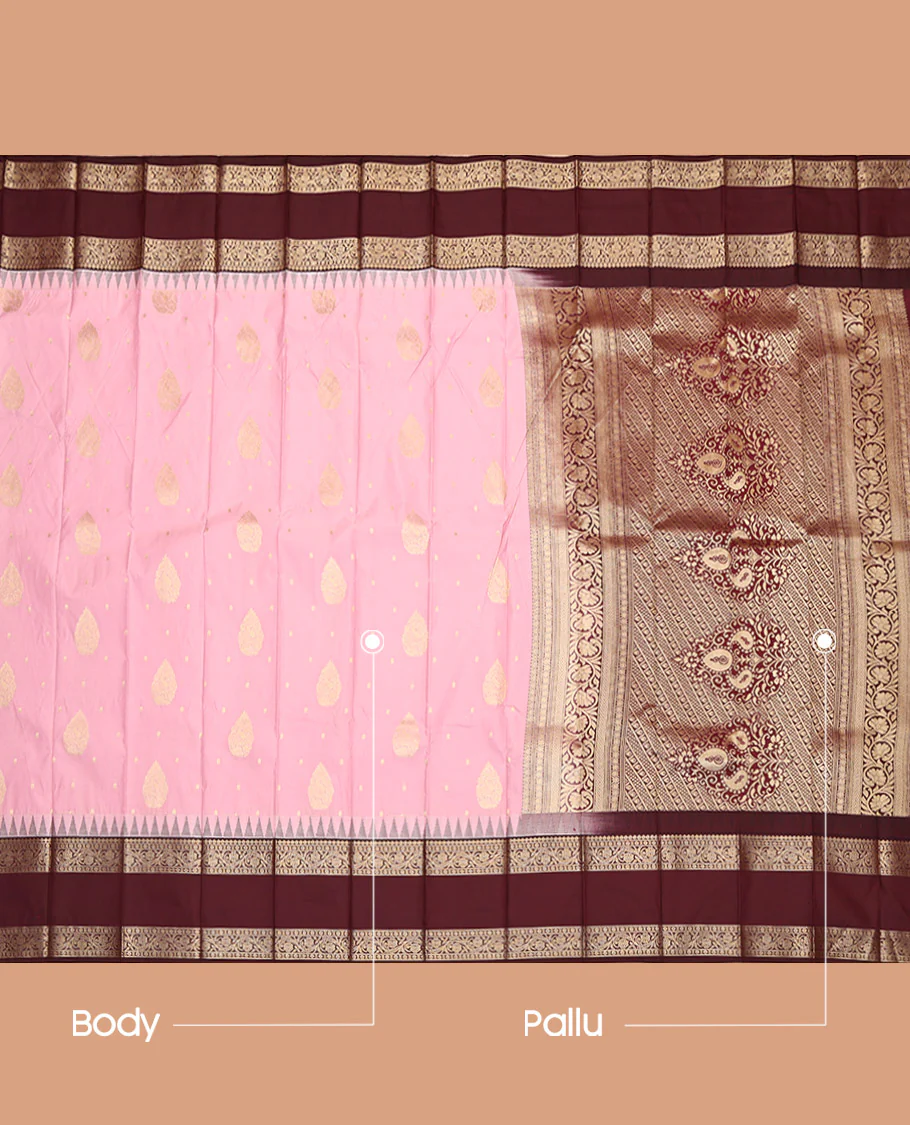 Pink Budget Silk Saree, Bedecked with Zari Buttas, Complemented by a Contrast Traditional Zari Design Rettai Pettu Temple Border, Grand Pallu, and a Contrast Blouse - Image 3