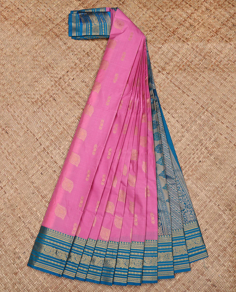 Pink Budget Silk Saree, Crafted with Zari Buttas All Over Its Body, Complemented by a Contrast Traditional Zari Design Border, Grand Diagonally Striped Pallu, and Paired with a Contrast Blouse - Image 2