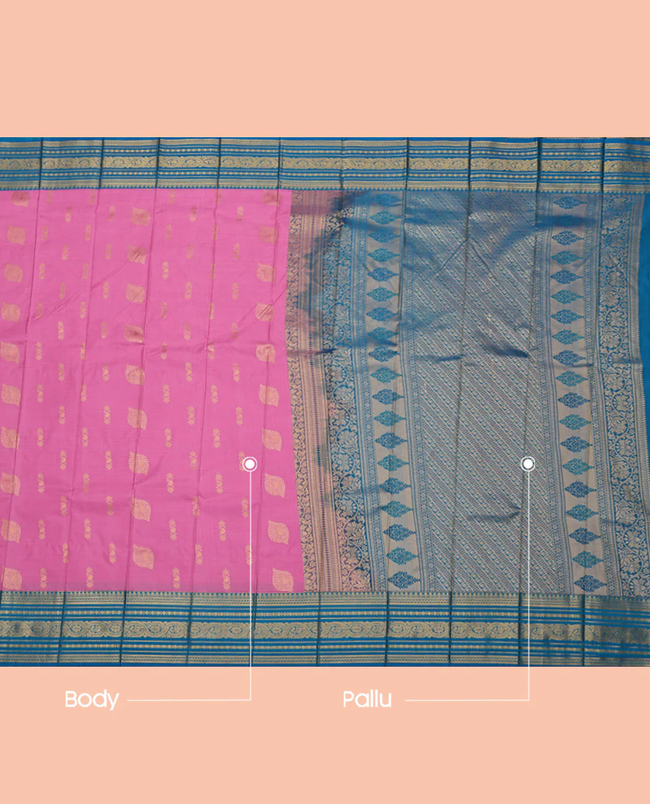 Pink Budget Silk Saree, Crafted with Zari Buttas All Over Its Body, Complemented by a Contrast Traditional Zari Design Border, Grand Diagonally Striped Pallu, and Paired with a Contrast Blouse - Image 3