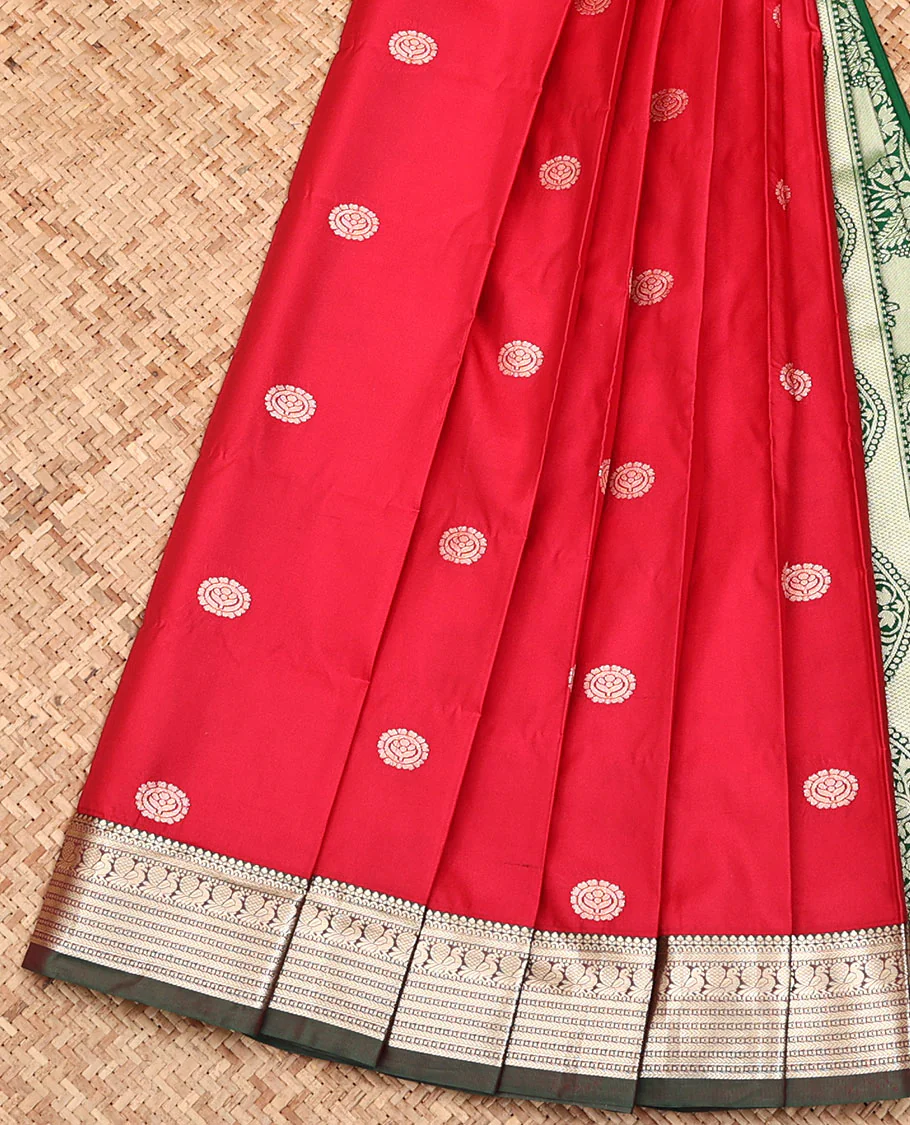 Pink Budget Silk Saree, Decked Up with Round Buttas All Over Its Body, Complemented by a Contrast Traditional Zari Border, Grand Floral Design Pallu, and Paired with a Contrast Blouse