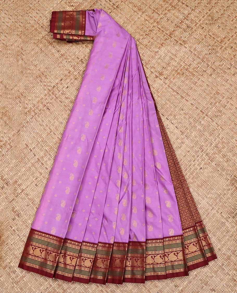 Pink Budget Silk Saree, Decked Up with Zari Buttas All Over Its Body, Complemented by a Contrast Traditional Zari Design Border, Grand Pallu, and Paired with a Contrast Blouse - Image 2