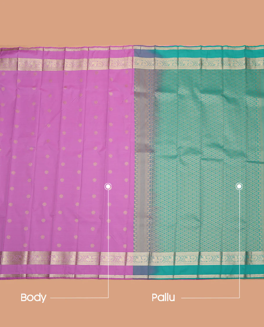 Pink Budget Silk Saree, Elevated with Zari Buttas All Over Its Body, Highlighted by a Traditional Zari Design Border of Peacocks, Captivating Contrast Pallu of Intricate Design, and Paired with a Contrast Blouse - Image 3