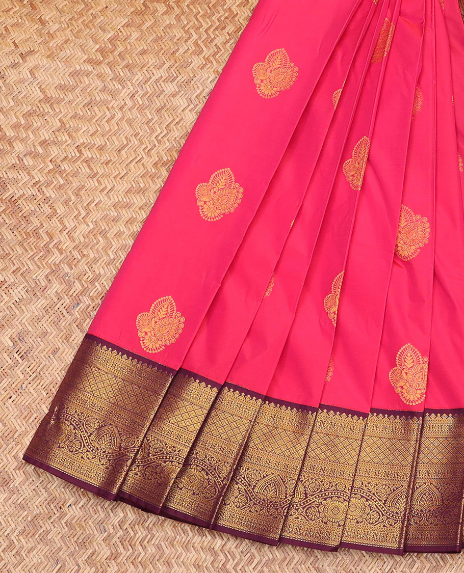 Pink Budget Silk Saree, Embellished with Zari Buttas, Complemented by a Contrast Traditional Zari Border, Grand Jaal Pallu, and a Contrast Blouse