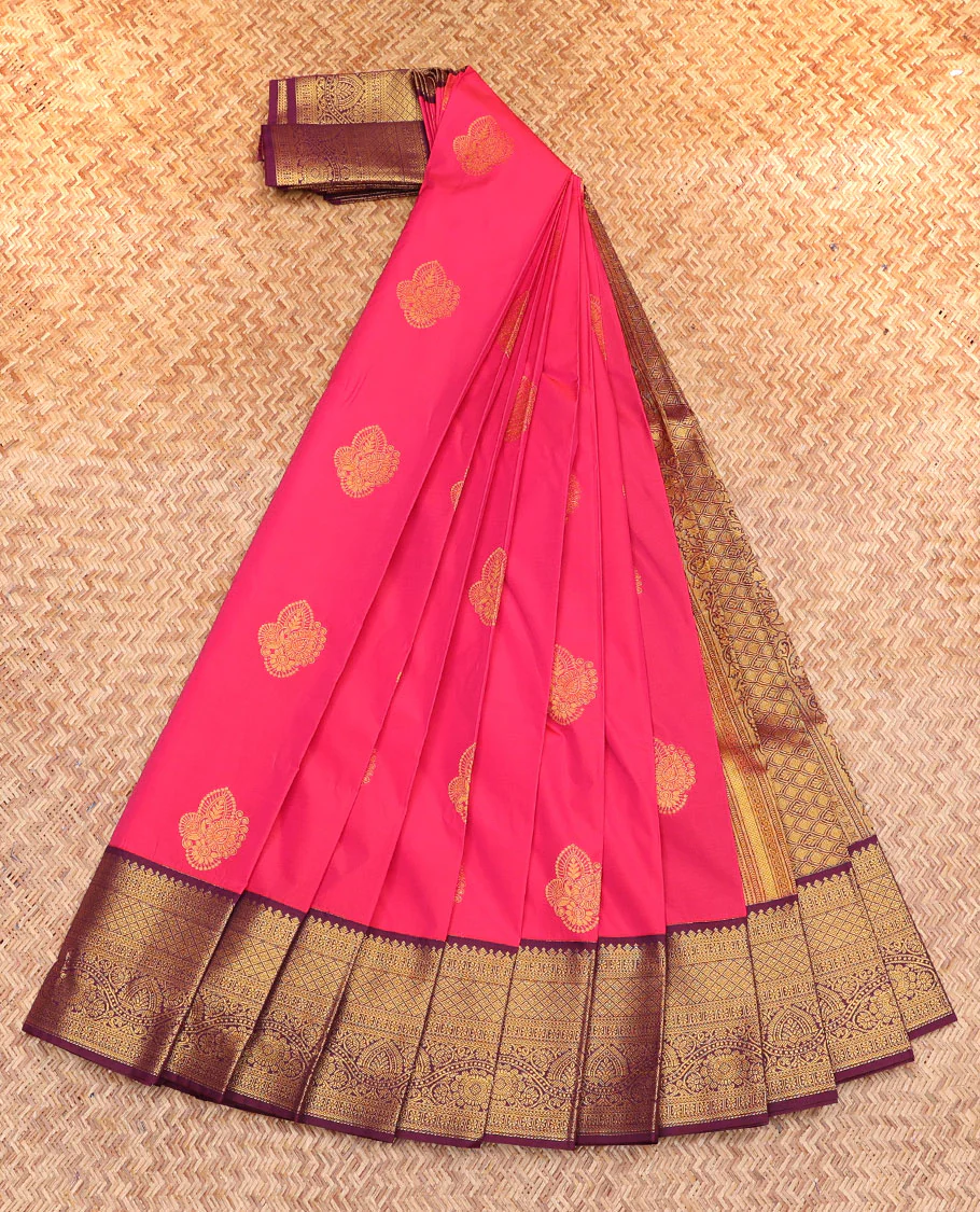 Pink Budget Silk Saree, Embellished with Zari Buttas, Complemented by a Contrast Traditional Zari Border, Grand Jaal Pallu, and a Contrast Blouse - Image 2