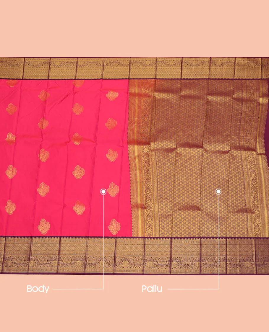 Pink Budget Silk Saree, Embellished with Zari Buttas, Complemented by a Contrast Traditional Zari Border, Grand Jaal Pallu, and a Contrast Blouse - Image 3