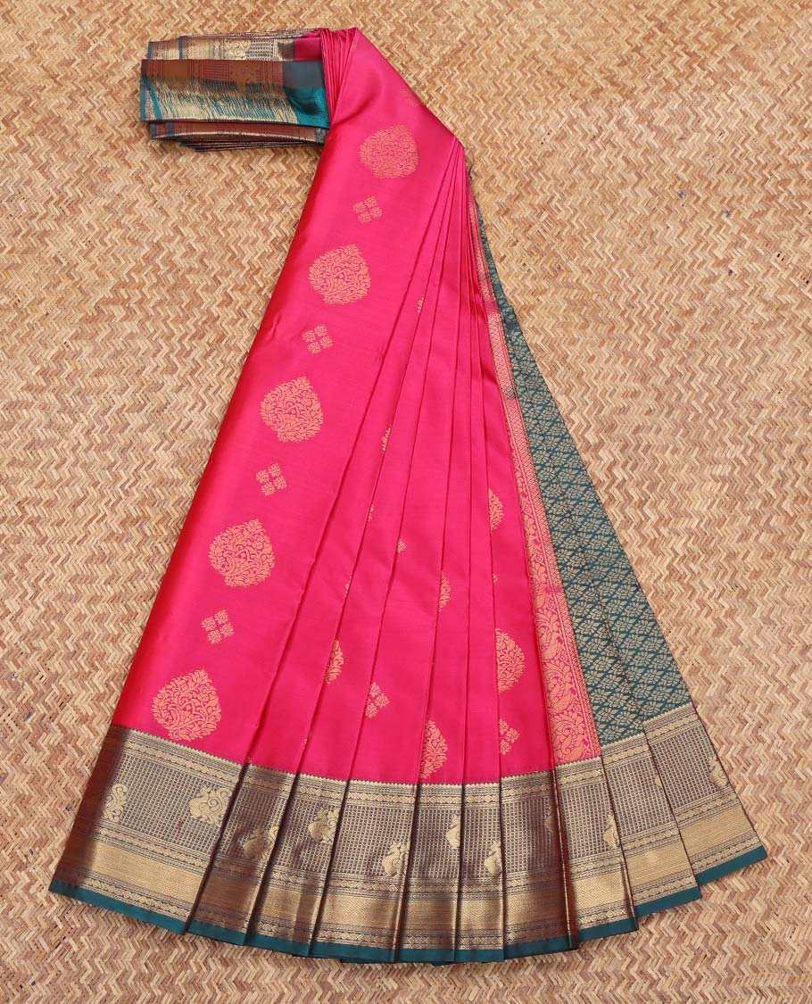 Pink Budget Silk Saree, Featuring Zari Buttas on Its Body, Complemented by a Contrast Traditional Zari Design Rettai Pettu Border, Grand Jaal Pallu, and Paired with a Contrast Blouse - Image 2