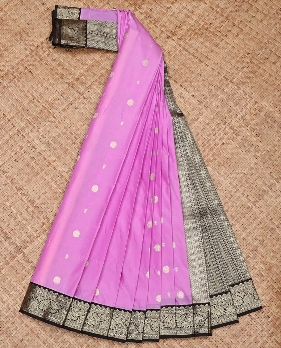 Pink Budget Silk Saree, Gleamed Up with Zari Buttas on Its Body, Complemented by a Contrast Traditional Zari Design Border, Geometric Patterned Pallu, and Paired with a Contrast Blouse - Image 2