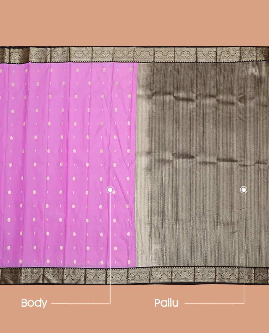 Pink Budget Silk Saree, Gleamed Up with Zari Buttas on Its Body, Complemented by a Contrast Traditional Zari Design Border, Geometric Patterned Pallu, and Paired with a Contrast Blouse - Image 3