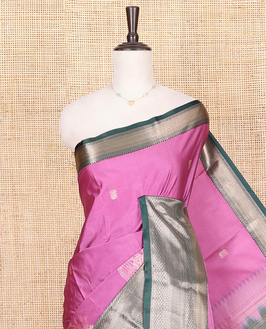 Pink Budget Silk Saree, Graced with Zari Buttas on Its Body, Complemented by a Contrast Traditional Zari Design Border, Pallu of Traditional Designs in Zari, and Paired with a Contrast Blouse - Image 2