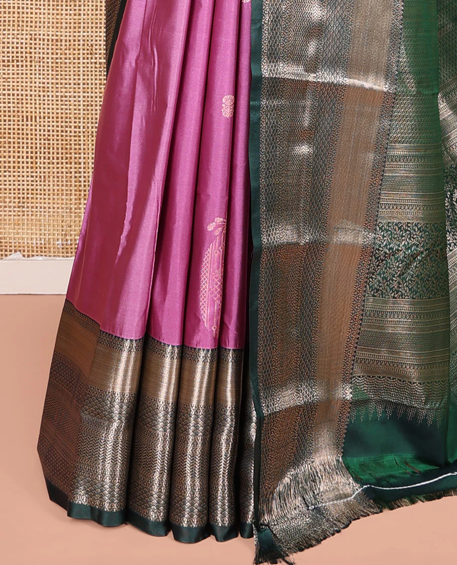Pink Budget Silk Saree, Graced with Zari Buttas on Its Body, Complemented by a Contrast Traditional Zari Design Border, Pallu of Traditional Designs in Zari, and Paired with a Contrast Blouse - Image 3