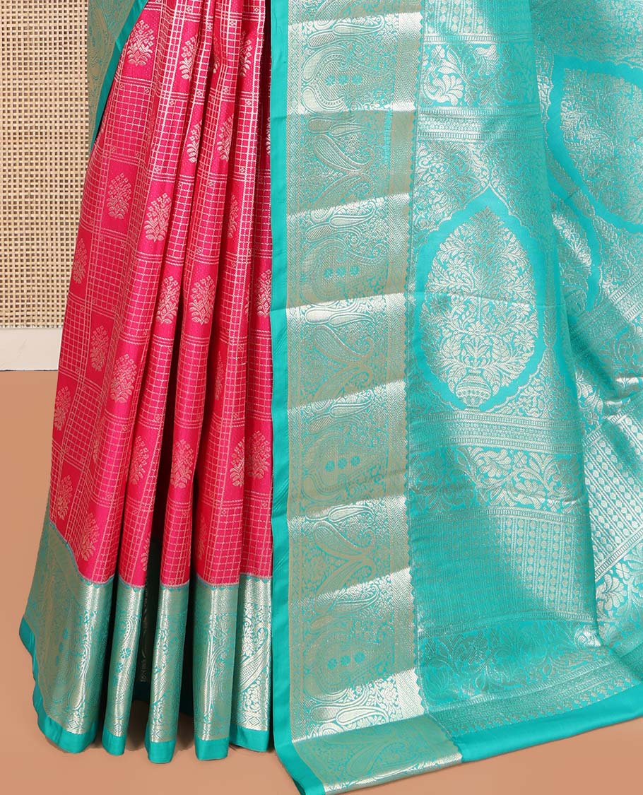 Pink Budget Silk Saree, Gracefully Embellished with Jacquard All Over Its Body, Complemented by a Contrast Paisley Zari Design Border, Mughal-Style, Intricately Patterned Pallu, and Paired with a Contrast Blouse - Image 3