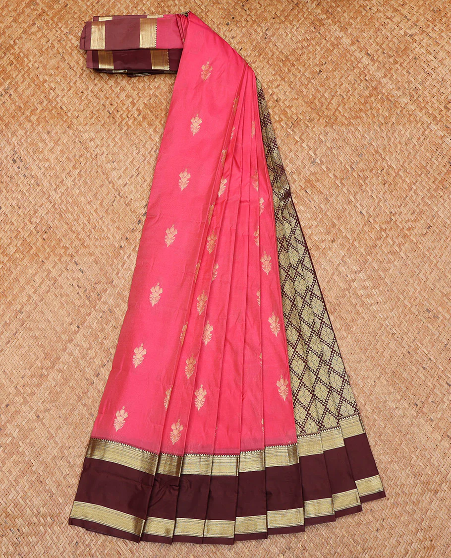Pink Budget Silk Saree, Prettified with Zari Buttas All Over Its Body, Complemented by a Contrast Traditional Zari Design Woven Rettai Pettu Border, Majestically Detailed Pallu of Jaal Designs, and Paired with a Contrast Blouse - Image 2