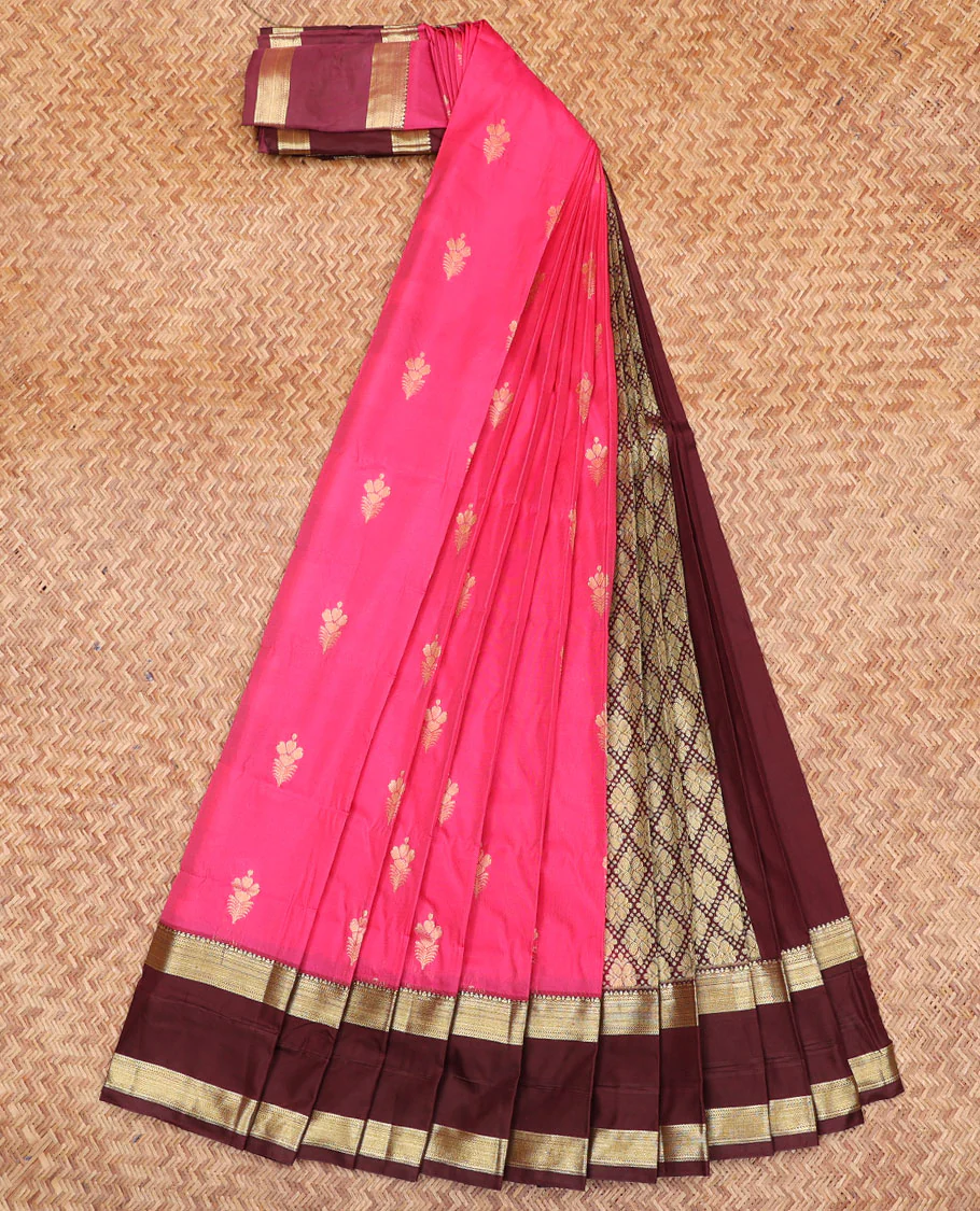 Pink Budget Silk Saree, Richly Detailed with Floral Buttas All Over Its Body, Complemented by a Contrast Traditional Zari Design Rettai Pettu Border, Gracefully Woven Pallu of Jaal Designs, and Paired with a Contrast Blouse - Image 2