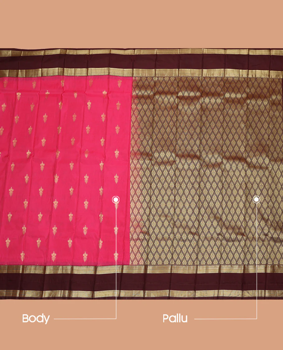 Pink Budget Silk Saree, Richly Detailed with Floral Buttas All Over Its Body, Complemented by a Contrast Traditional Zari Design Rettai Pettu Border, Gracefully Woven Pallu of Jaal Designs, and Paired with a Contrast Blouse - Image 3