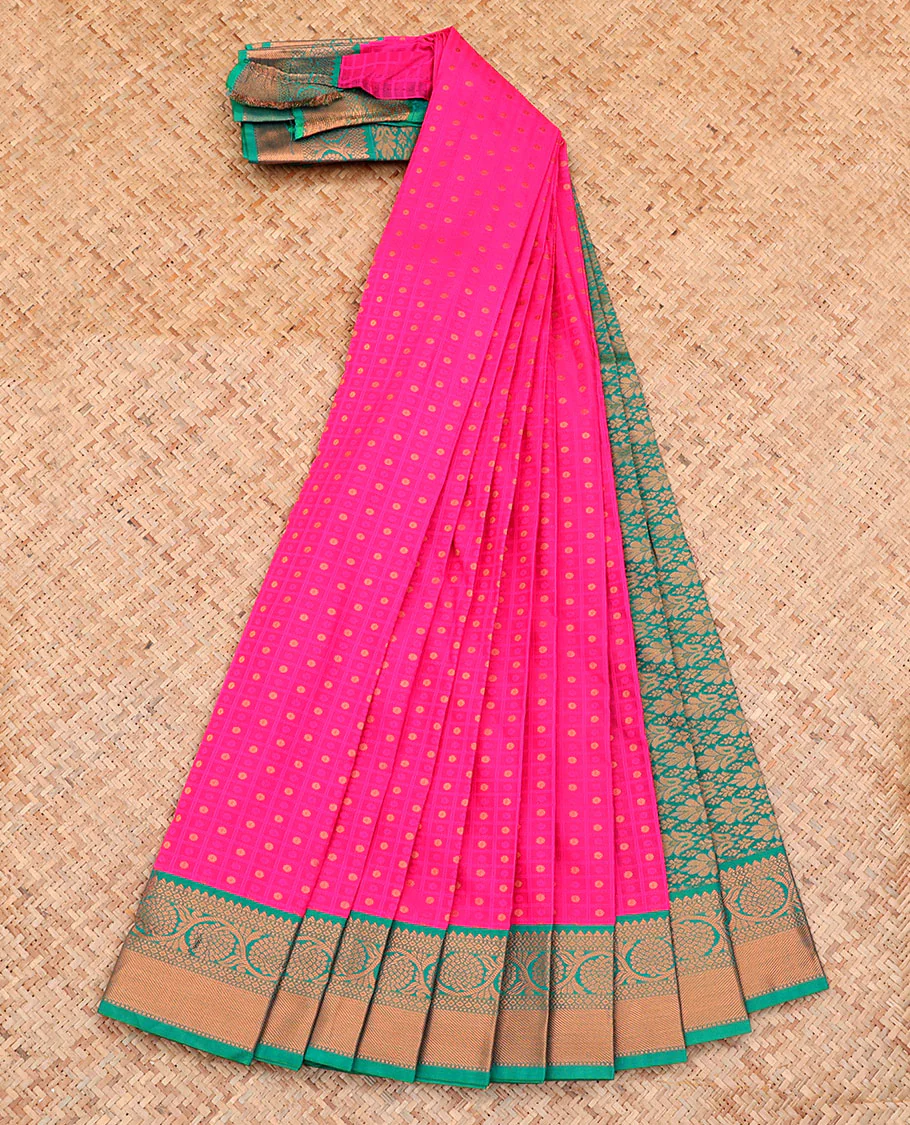 Pink Budget Silk Saree, Richly Detailed with Zari Butta Enclosed Checks on Its Body, Complemented by a Contrast Traditional Zari Border, Grand Pallu, and Paired with a Contrast Blouse - Image 2