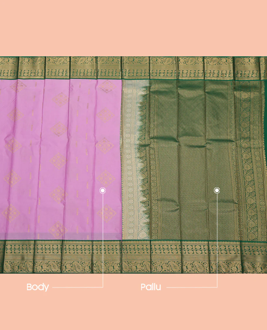 Pink Budget Silk Saree, Woven with Zari Buttas All Over Its Body, Complemented by a Contrast Traditional Zari Border, Grand Jaal Pallu, and Paired with a Contrast Blouse - Image 3