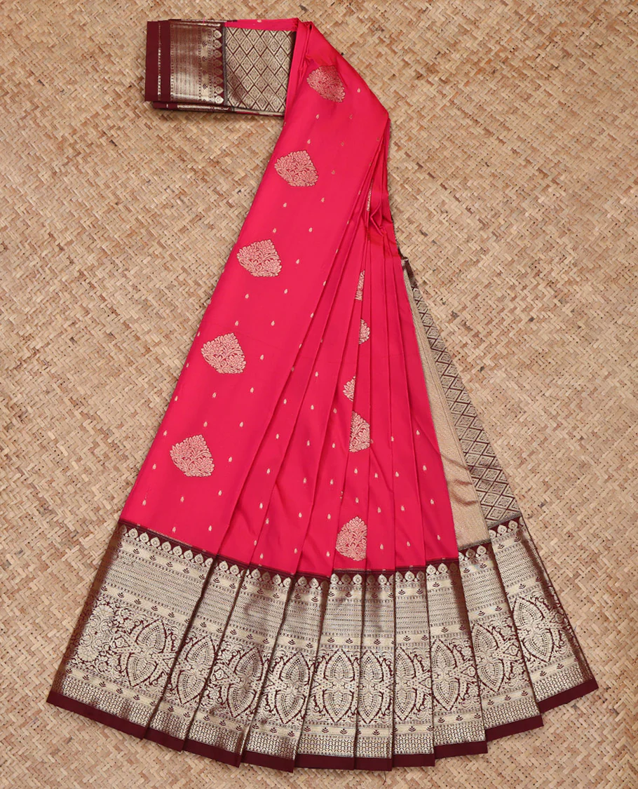 Pink Budget Silk Saree, Woven with Zari Buttas on Its Body, Complemented by a Contrast Traditional Zari Design Border, Grand Jaal Pallu, and Paired with a Contrast Blouse - Image 2