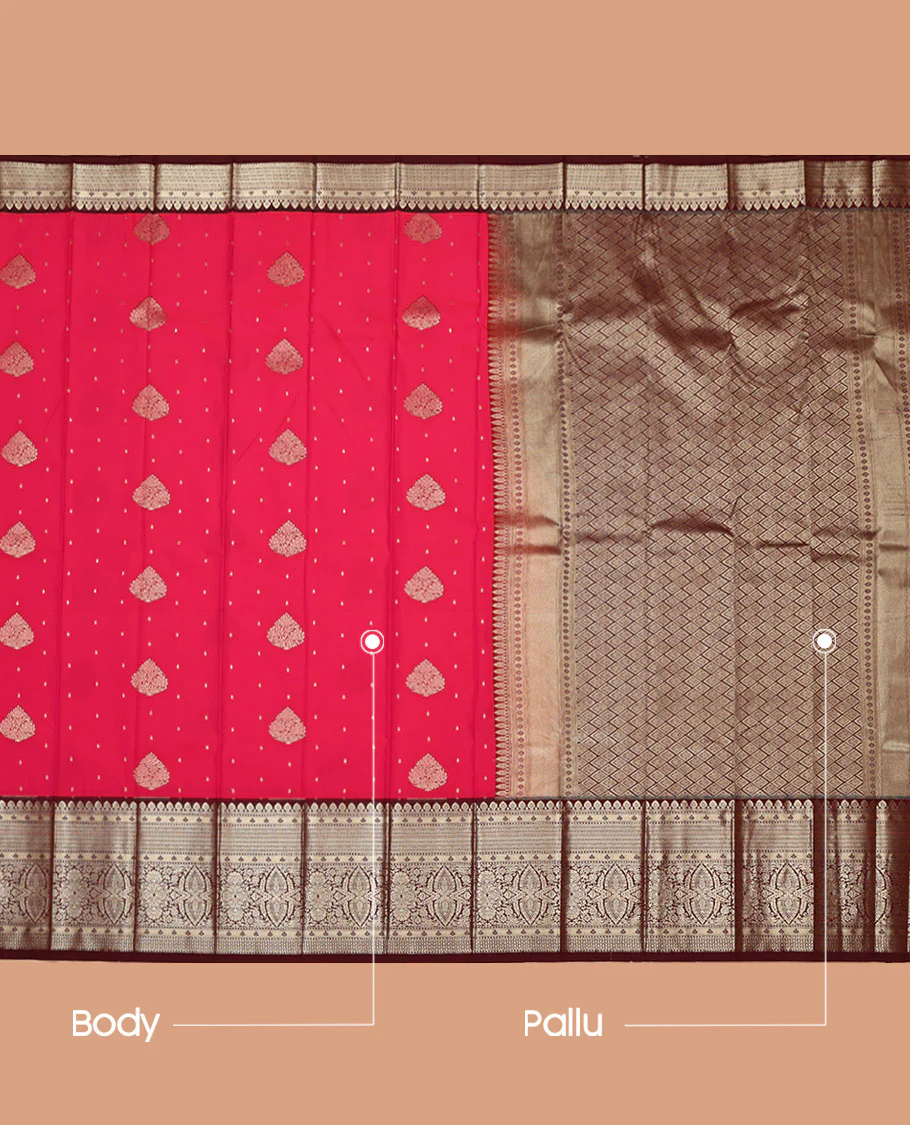 Pink Budget Silk Saree, Woven with Zari Buttas on Its Body, Complemented by a Contrast Traditional Zari Design Border, Grand Jaal Pallu, and Paired with a Contrast Blouse - Image 3