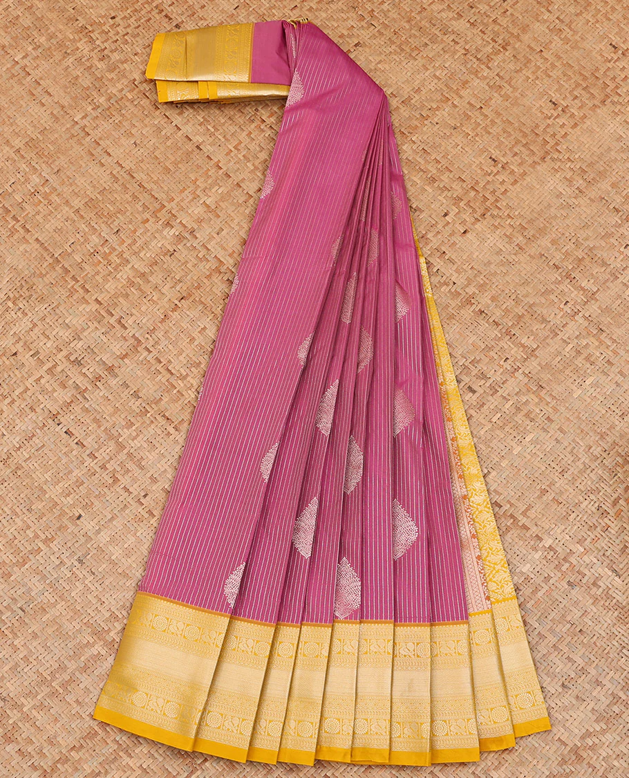 Pink Budget Silk Saree Woven with Zari Stripes and Thilakam Buttas All Over Its Body, Complemented by a Contrast Traditional Zari Design Border, Pallu Opulently Embellished with Jaal Design, and Paired with a Contrast Blouse - Image 2