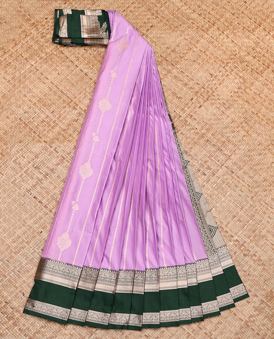 Pink Budget Silk Saree, Woven with Zari Stripes, Complemented by a Contrast Traditional Zari Rettai Pettu Border, Intricately Designed Pallu, and a Contrast Blouse - Image 2