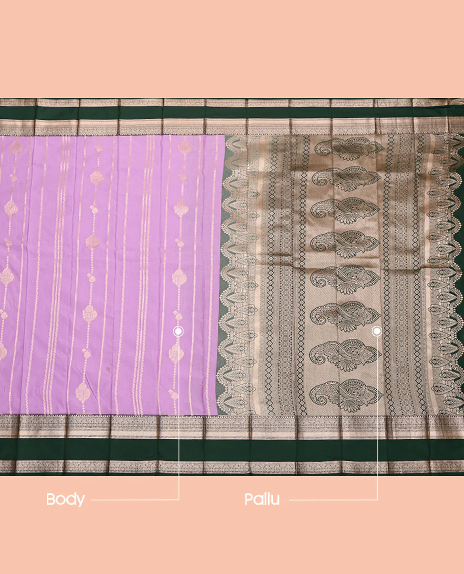 Pink Budget Silk Saree, Woven with Zari Stripes, Complemented by a Contrast Traditional Zari Rettai Pettu Border, Intricately Designed Pallu, and a Contrast Blouse - Image 3