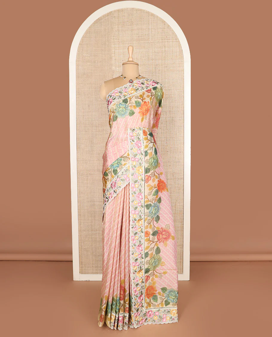 Pink buttas with bandhani and floral printed dola silk saree, contrast floral embroidered scallop border - Image 2