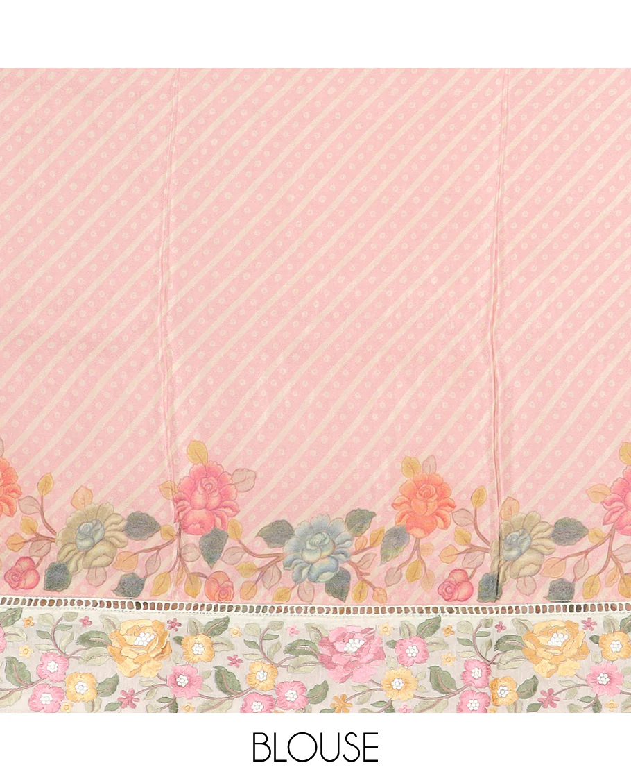 Pink buttas with bandhani and floral printed dola silk saree, contrast floral embroidered scallop border - Image 5