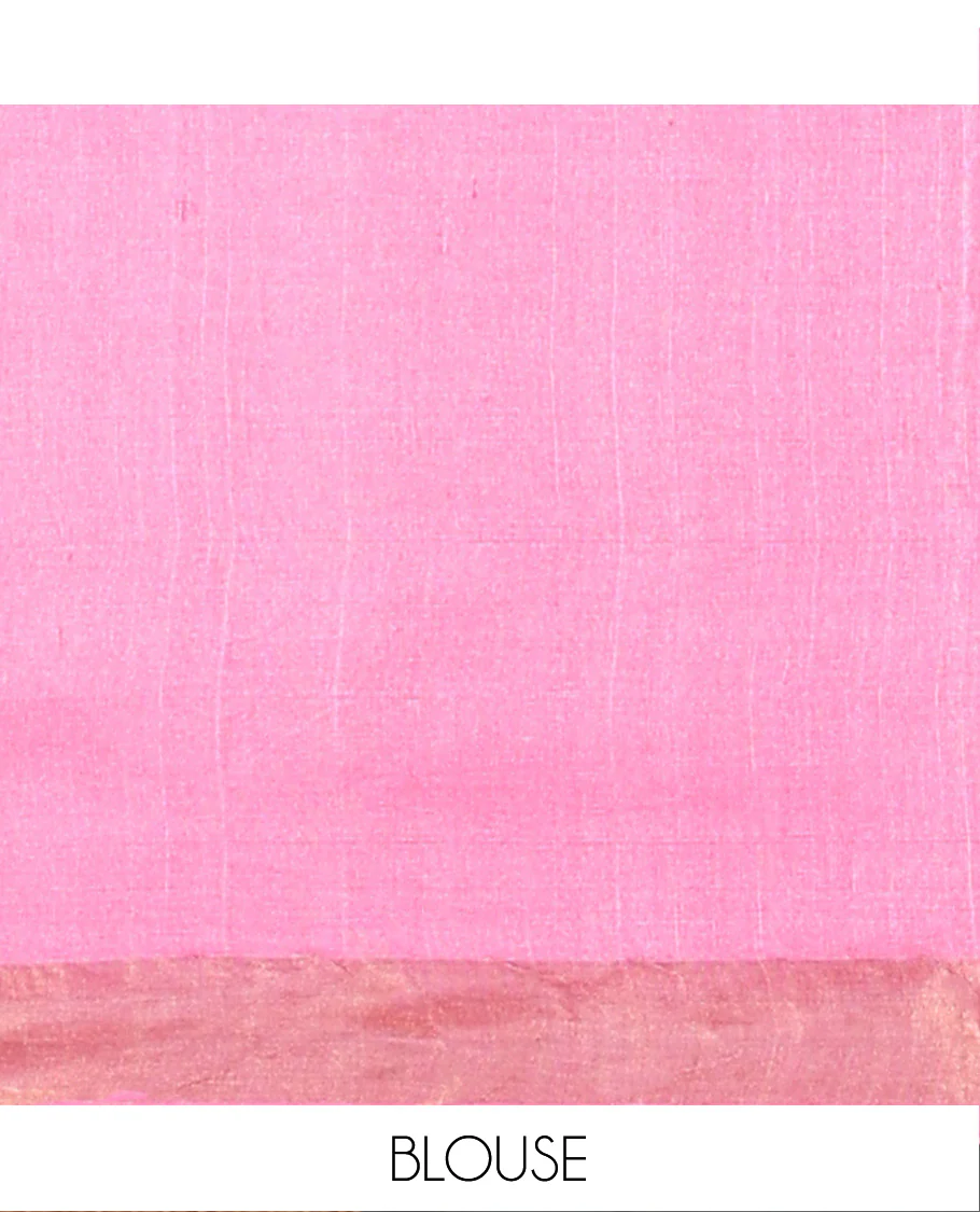 Pink buttas woven tussar saree, piping border, and pallu of floral designs - Image 5