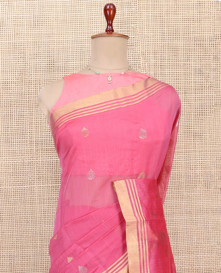 Pink Chanderi Cotton Saree, Adorned with Zari Buttas All Over Its Body, Highlighted by a Zari Border, Gleaming Zari Striped Pallu, and Paired with a Matching Blouse - Image 2