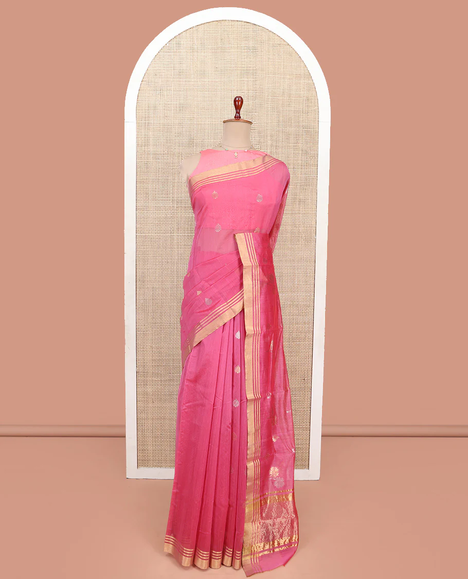 Pink Chanderi Cotton Saree, Adorned with Zari Buttas All Over Its Body, Highlighted by a Zari Border, Gleaming Zari Striped Pallu, and Paired with a Matching Blouse - Image 3
