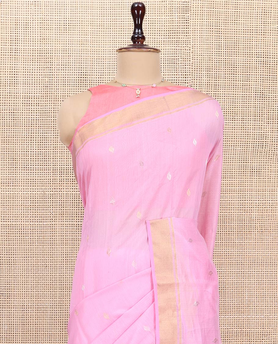 Pink Chanderi Cotton Saree, Decked Up with Zari Buttas All Over Its Body, Highlighted by a Zari Border, Pallu  of Zari Stripes and Floral Buttas, and Paired with a Matching Blouse - Image 2