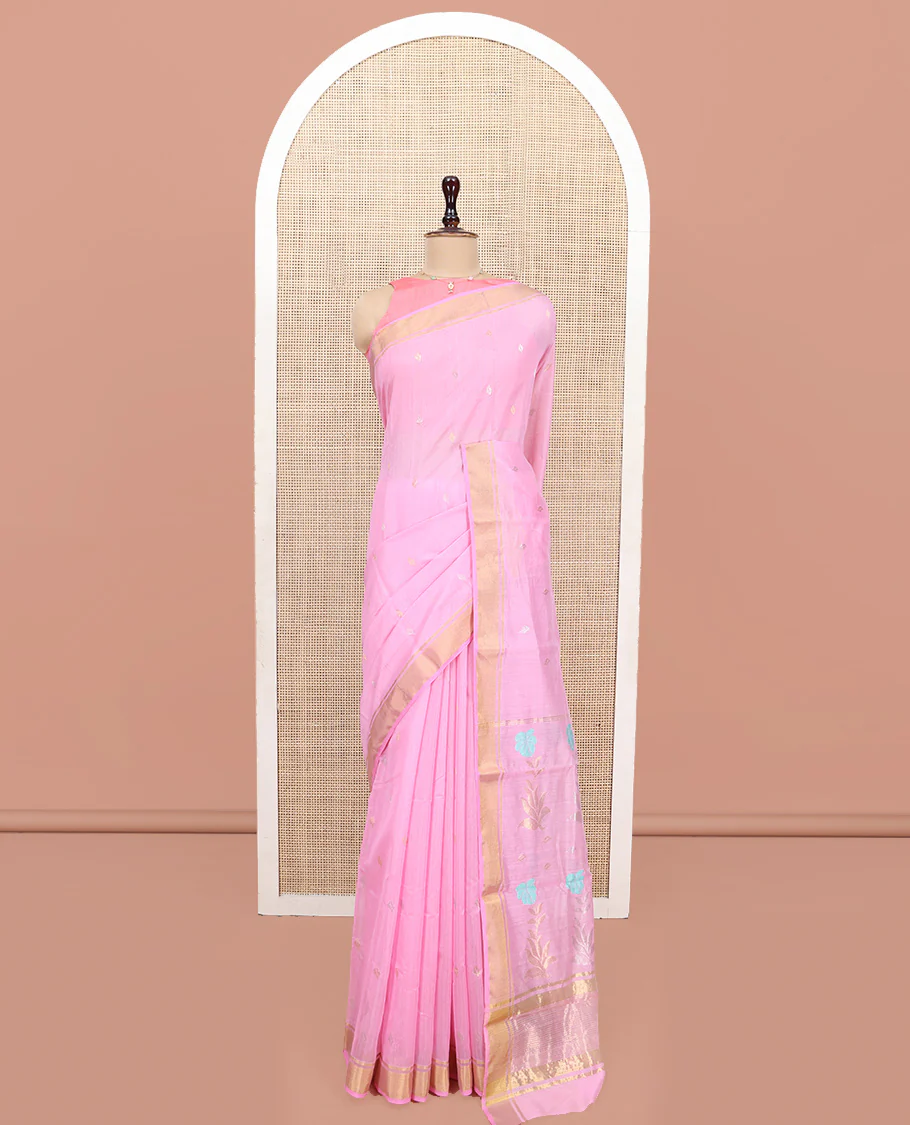 Pink Chanderi Cotton Saree, Decked Up with Zari Buttas All Over Its Body, Highlighted by a Zari Border, Pallu  of Zari Stripes and Floral Buttas, and Paired with a Matching Blouse - Image 3