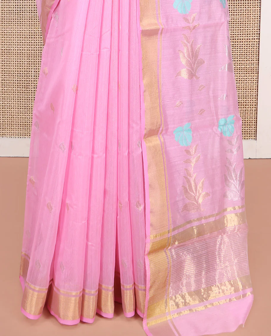 Pink Chanderi Cotton Saree, Decked Up with Zari Buttas All Over Its Body, Highlighted by a Zari Border, Pallu  of Zari Stripes and Floral Buttas, and Paired with a Matching Blouse - Image 4