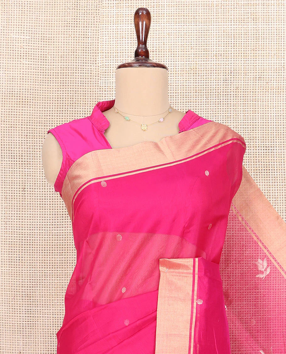 Pink Chanderi Cotton Saree, Decorated with Buttas All Over Its Body, Highlighted by a Zari Border, Pallu Steeped with Buttas, and Paired with a Matching Blouse - Image 2