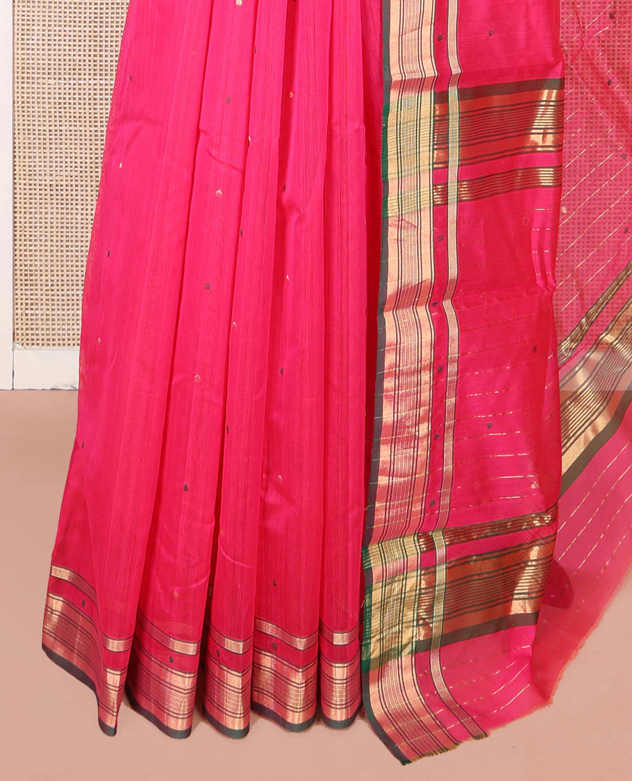 Pink Chanderi Cotton Saree, Ornamented with Buttas All Over Its Body, Complemented by a Contrast Zari Border, Pallu Steeped with Buttas and Stripes, and Paired with a Matching Blouse - Image 3