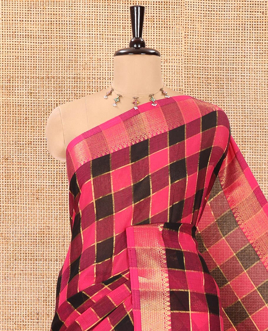 Pink Checked Khadi Mul Cotton Saree, Highlighted by Zari Traditional Border, Zari Checked Pallu, and Paired with a Matching Blouse - Image 2