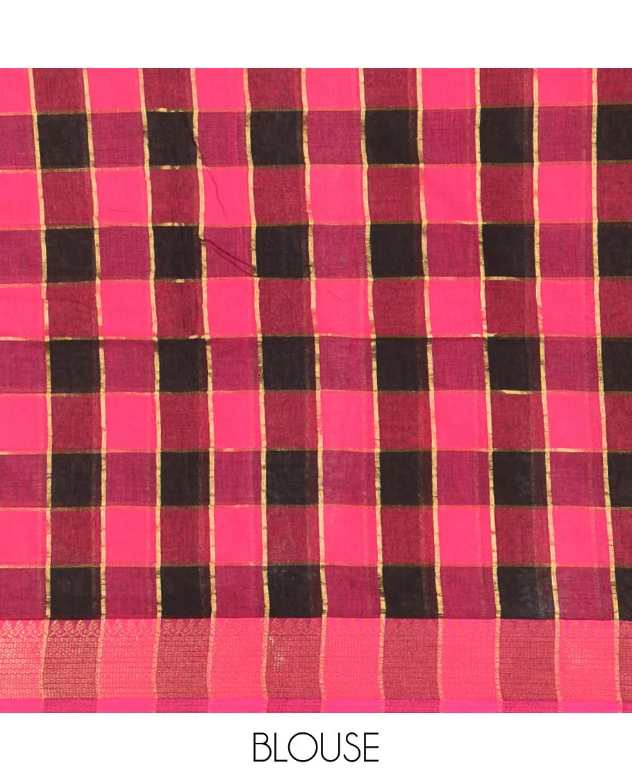 Pink Checked Khadi Mul Cotton Saree, Highlighted by Zari Traditional Border, Zari Checked Pallu, and Paired with a Matching Blouse - Image 3